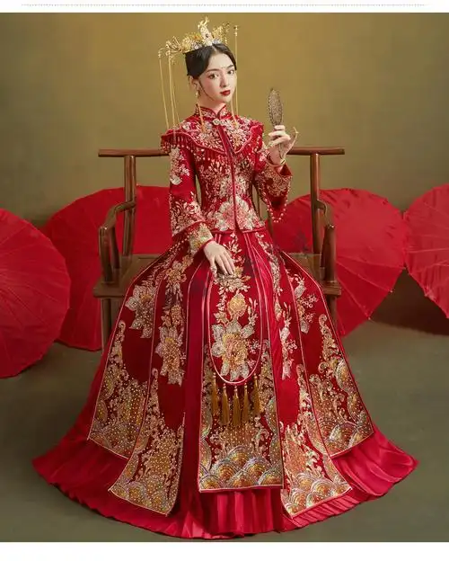 新娘服中式婚纱秀和服女大码龙凤褂秀禾 红色披肩牡丹七分袖烫钻无 xs