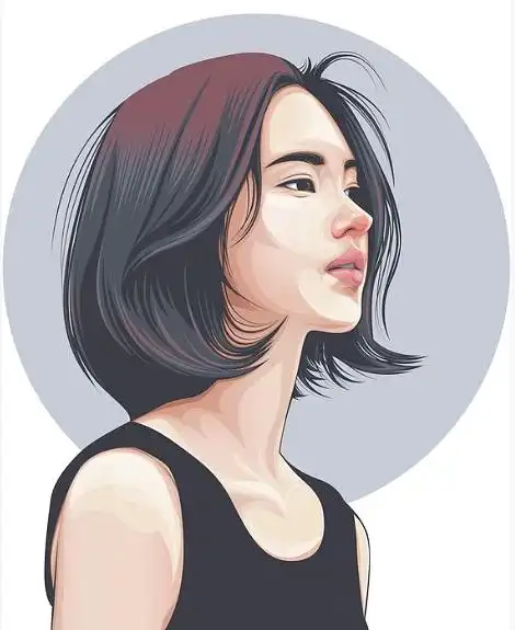 手绘插画女生头像蓝色莫兰迪色女生侧脸短发