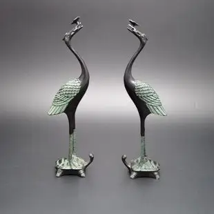 古玩杂项收藏老物件铜器 青铜器摆件小号灵芝鹤龟鹤铜仙鹤摆件