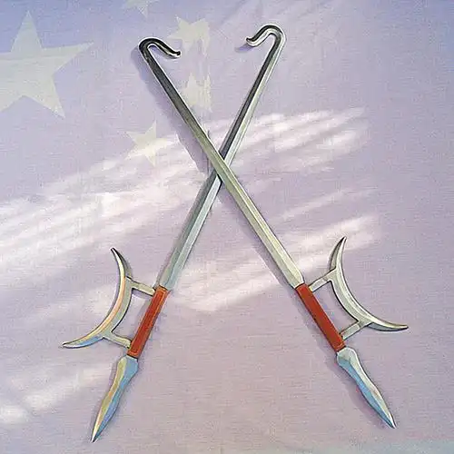 武术器械表演虎头钩 不锈钢双钩锻打实战护手钩月牙钩十八般兵器