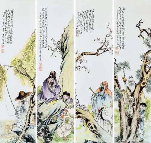 "珠山八友"之首王琦"粉彩四爱图瓷板四条屏" 75×20cm×4