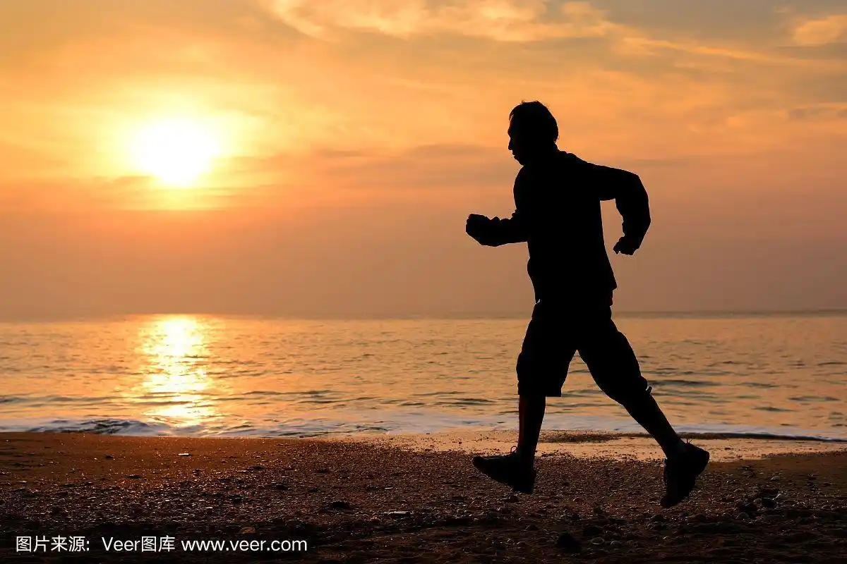 慢跑,男人,海滩,一个人,黄昏