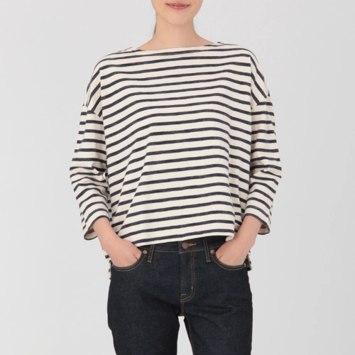 柔软舒适!无印良品muji女式棉双面织法条纹一字领长袖t恤