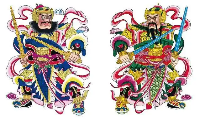 门神画像(左持鞭者为敬德,右持锏者为秦琼)