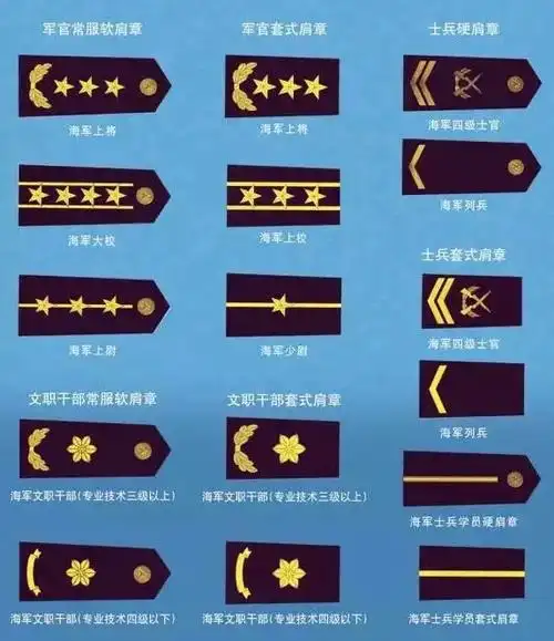 07式海军军衔肩章分礼服肩章,常服硬肩章,常服软肩章和套式肩章4种.