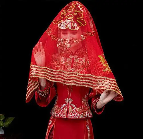 红盖头新娘 新娘红盖头结婚中式婚礼秀禾刺绣盖头纱半透明喜帕蒙头巾