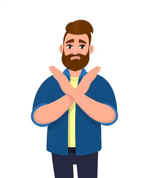 人做x形手势,用手和否定的表情停止手势.男性人物插图.