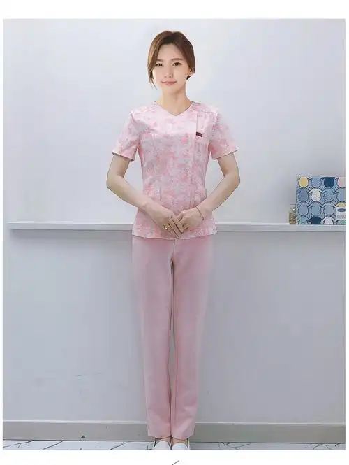 护士服分体碎花套装短袖修身口腔母婴护理家政月嫂美容师工服粉色短袖