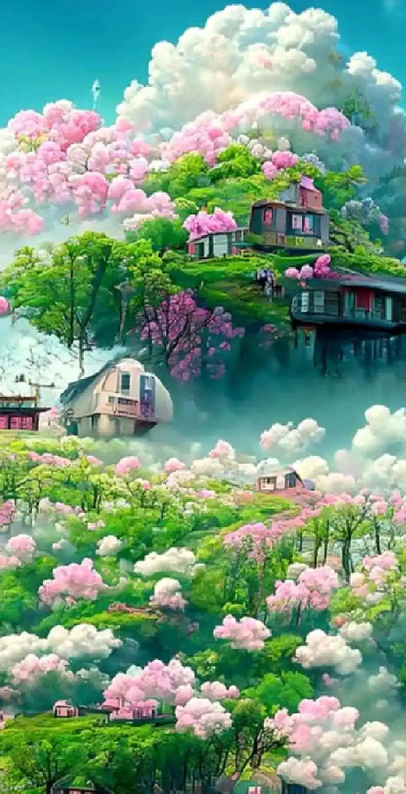 粉红的樱花,绿色的草,小木屋,蓝天白云,花海仙气,#ai绘画 - 抖音