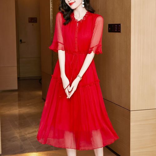 水墨佳人真丝桑蚕丝连衣裙夏季短袖新款红色喜庆高档婚庆礼服裙子