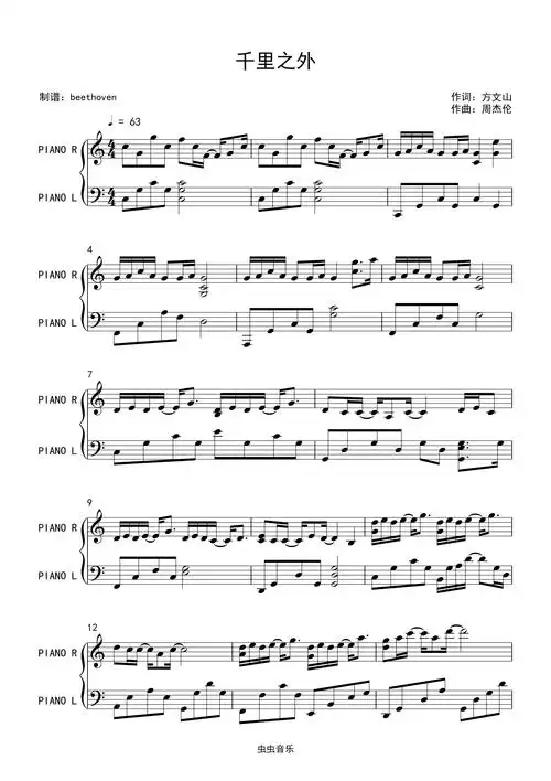 千里之外-周杰伦费玉清(简单)钢琴谱-c调-虫虫钢琴