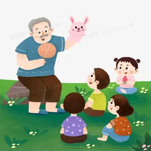 卡通手绘爷爷给多个小朋友讲故事小场景元素