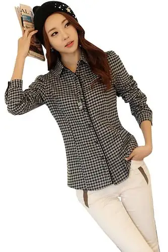 孤妍 潮流时尚格子衬衫 韩版女士长袖衬衫 气质格子调打底衫修身收腰