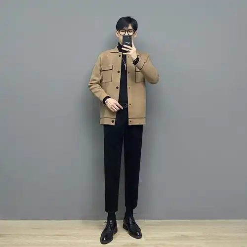 小红潮男穿搭时尚套装港风短款毛呢夹克ins针织衫