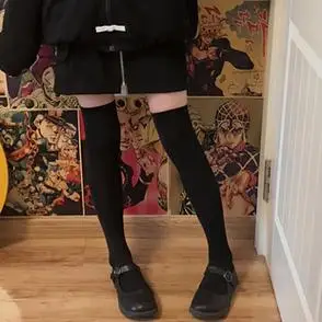 女士棉袜长袜黑色平板纯色过膝长筒袜宽罗口jk学生大腿高筒袜