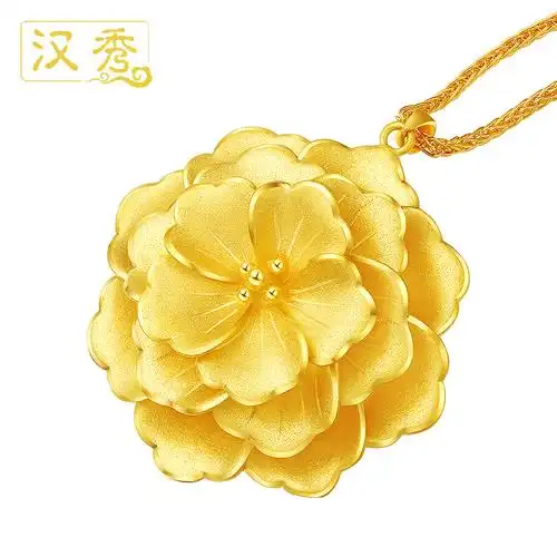 吊坠汉秀足金黄金花黄金项链女款3d硬金花朵颈饰