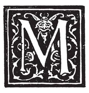 一种带有人脸的装饰性大写字母m,老式线条画或雕刻插图照片