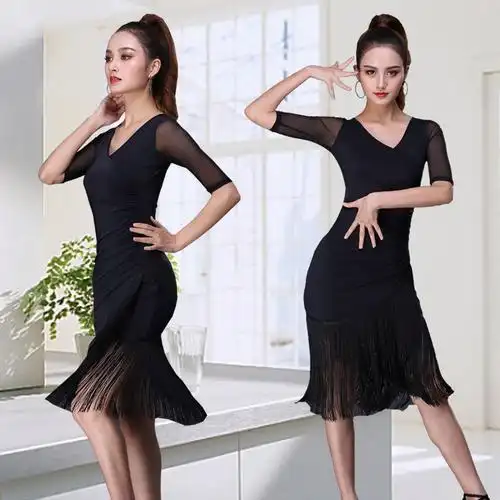 拉丁舞服装成人女连衣裙性感新款成年春夏款流苏裙训练舞蹈练功服黑色