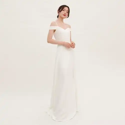 tansshop露肩修身吊带开叉长裙 显瘦白色仙女裙礼服连衣裙轻婚礼