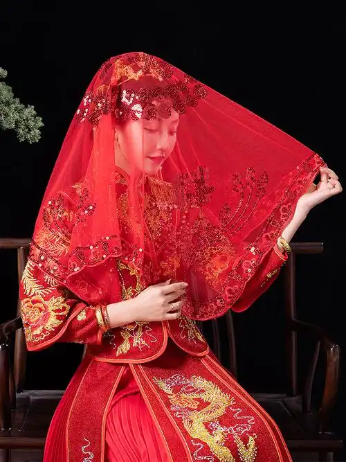 头纱婚纱红色结婚新娘红盖头新娘盖头红色结婚2018纱蕾丝中式