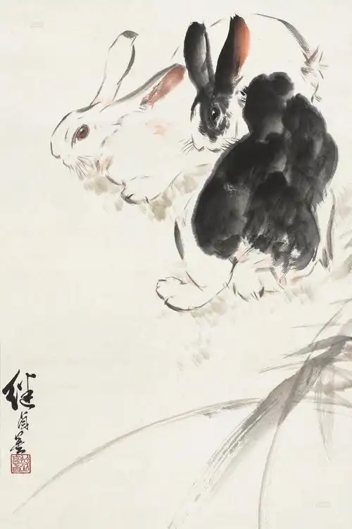 0355 双兔 立轴 设色纸本