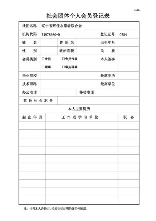 社会团体个人会员登记表