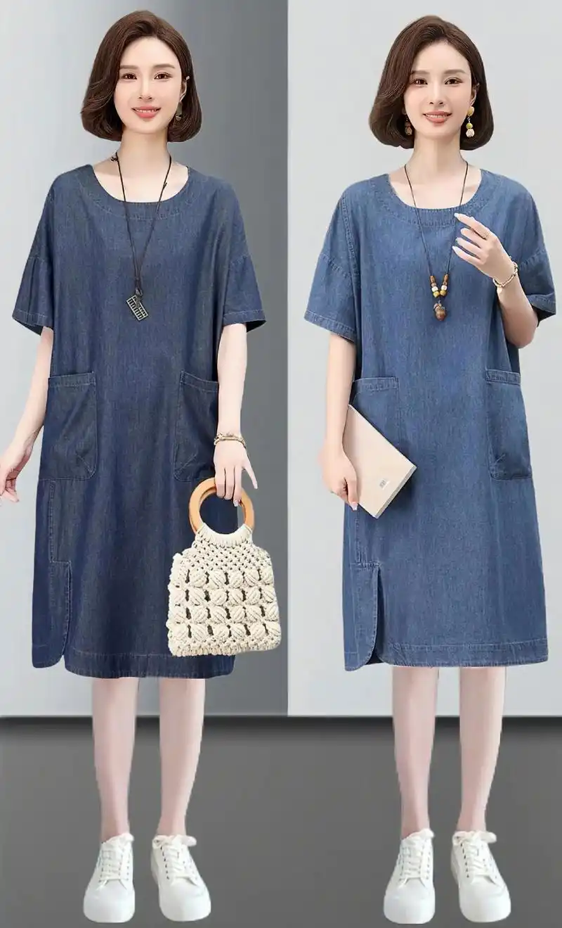 夏季薄款牛仔连衣裙女2025新款妈妈宽松显瘦气质休闲直筒中长