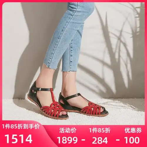 pikolinos派高雁夏季牛皮丁字式扣带平跟拼色露趾时尚凉鞋pm09601