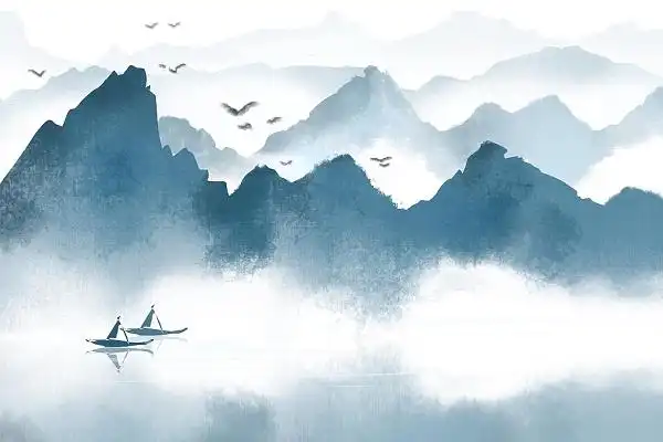 手绘古风山水唯美意境插图背景素材古风中国风唯美山水风景动物