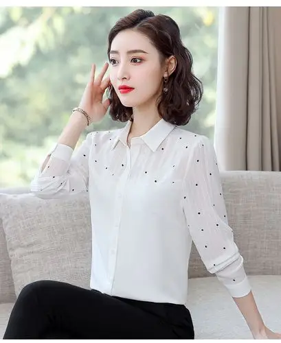 春装新款雪纺衫女衬衣职业通勤chic翻领大码上衣长袖淑女衬衫 白色 l