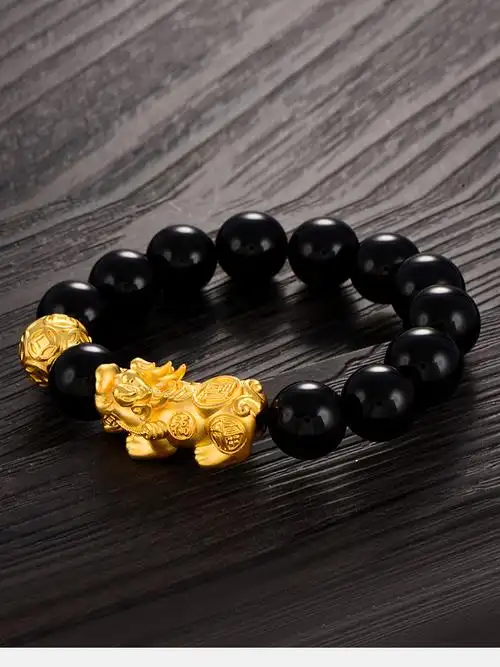 手链男款3d硬金转运珠手链999足金招财貔貅路路通配黑玛瑙手串手镯