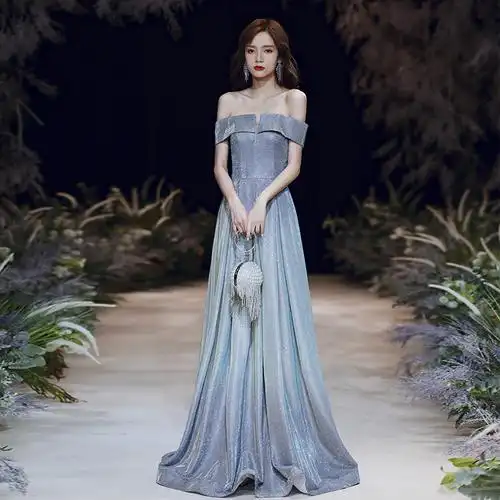 一字肩年会主持人晚礼服女2020新款高贵气质长款显瘦优雅冬季聚会