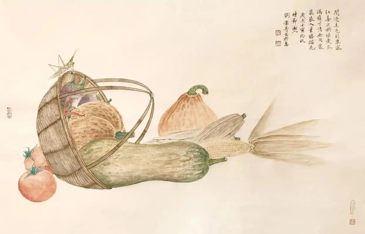 秋天是丰收的季节,写一幅农家蔬果秋收图.#宋元 #国画 #国 - 抖音