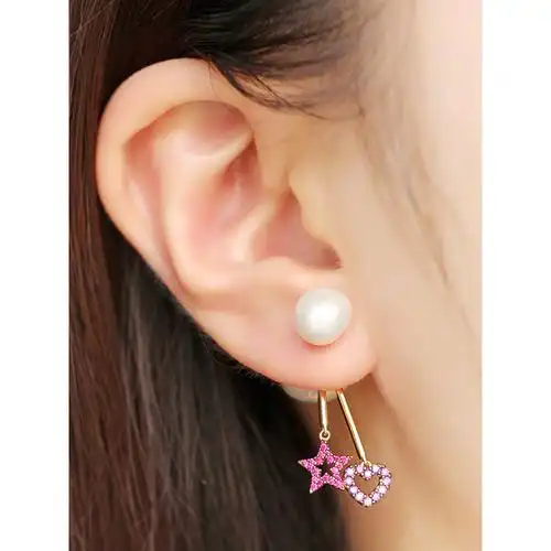 apmmonaco单个心形和星星珍珠耳环女士时尚设计感耳坠长款银耳饰前后