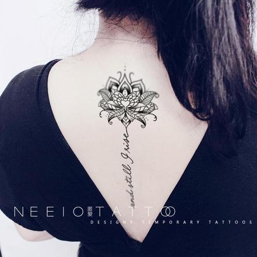 neeio纹身贴 梵花图腾英文 瑜伽莲花黑色线条后背脊柱小腿 防水女