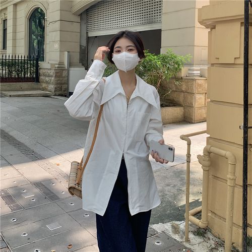 白色衬衫女早秋拉链内搭设计感小众宽松长袖中长款防晒别致上衣女