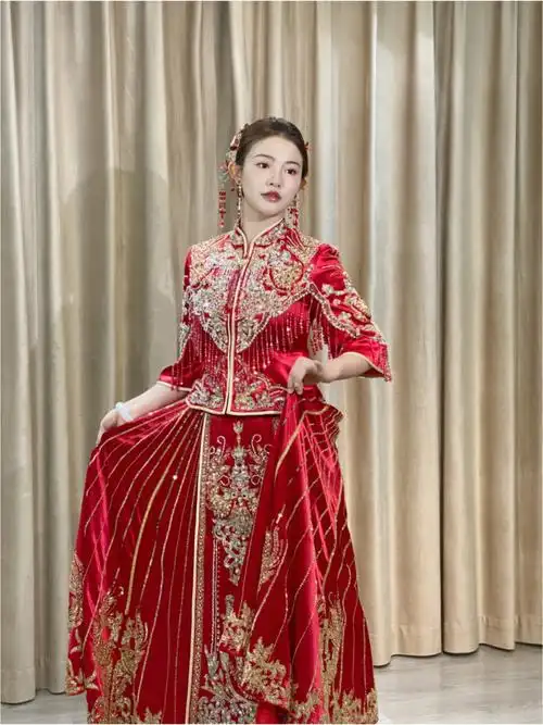 绝美重工红色流苏秀禾服银川婚纱