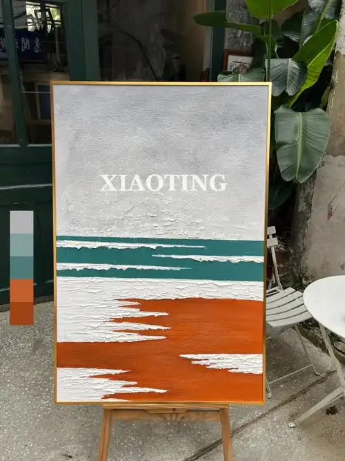 橙白绿撞色抽象沙滩装饰画分享