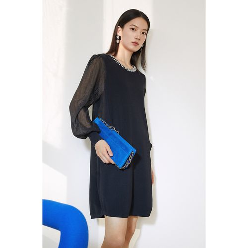 yiner音儿女装春季亮丝袖拼接钉珠针织连衣裙