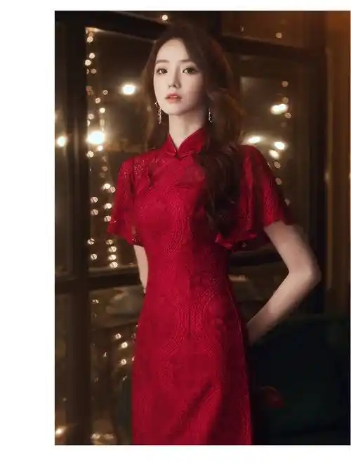 旗袍敬酒服新娘2022新款夏季酒红色感结婚订婚礼服回门连衣裙结婚礼服