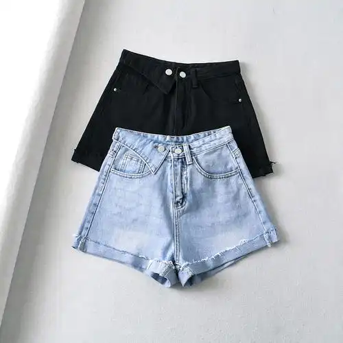 夏季卷边三角标牛仔短裤女高腰显瘦宽松百搭翻边a字热裤阔腿裤潮