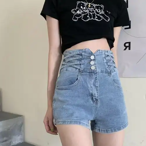 排扣超高腰牛仔短裤女修身交叉弹力直筒黑色ins辣妹包臀a字热裤子