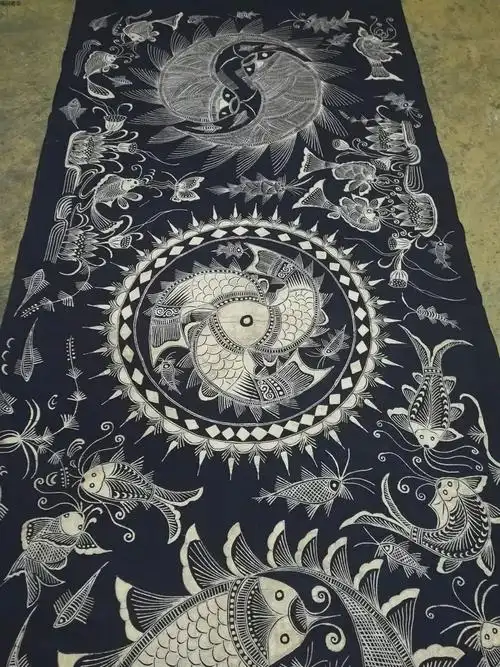 贵州丹寨蜡染定做年年有余图案传统植物文创文艺苗族蜡染