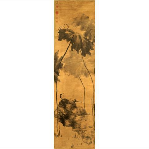 八大山人荷花双禽图轴临摹国画客厅图卷名人书画书房中式卧室水墨