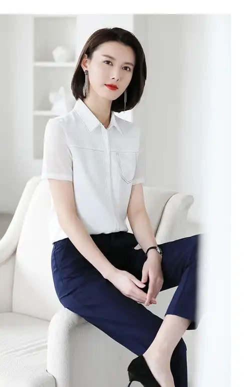 白衬衫女职业装短袖宽松垂感气质雪纺衬衣时尚通勤上衣2021夏新款