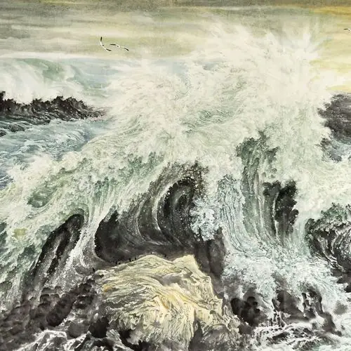 画芯120cm手绘海浪山水画国画办公室会议室大堂挂画国画