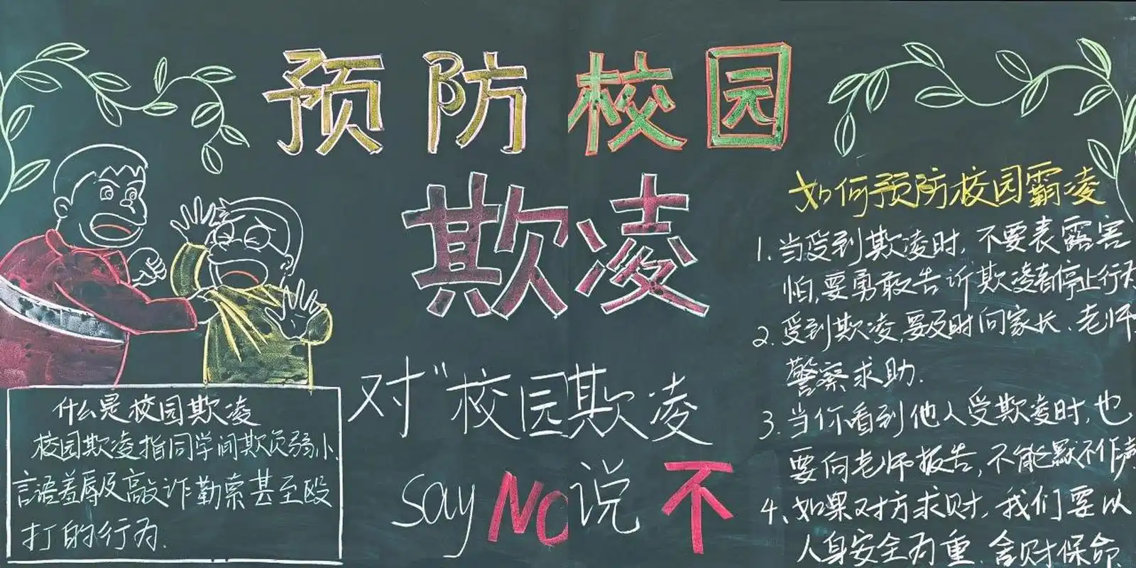 黑板报粉笔画,预防校园欺凌 黑板报粉笔画,预防校园欺凌