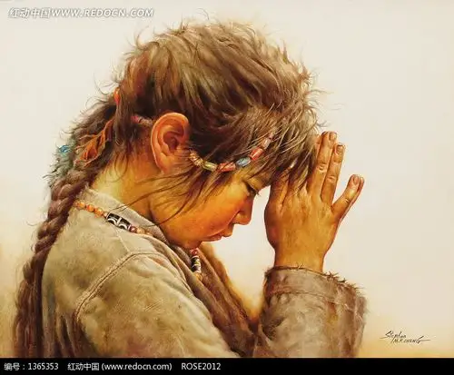 求一张图片关于藏族女孩双手合十脸脏脏的祈祷的油画