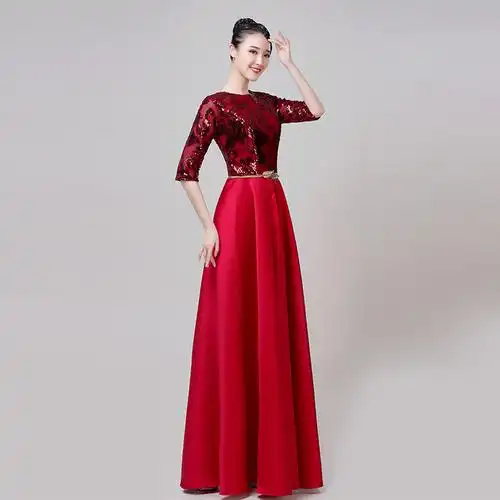 新款成人大合唱演出服女中国风中老年舞蹈表演服装长裙独唱礼服