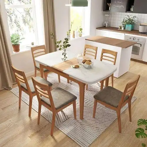 林氏木业北欧大理石餐桌简约家用长方形实木吃饭桌椅组合4人ls058